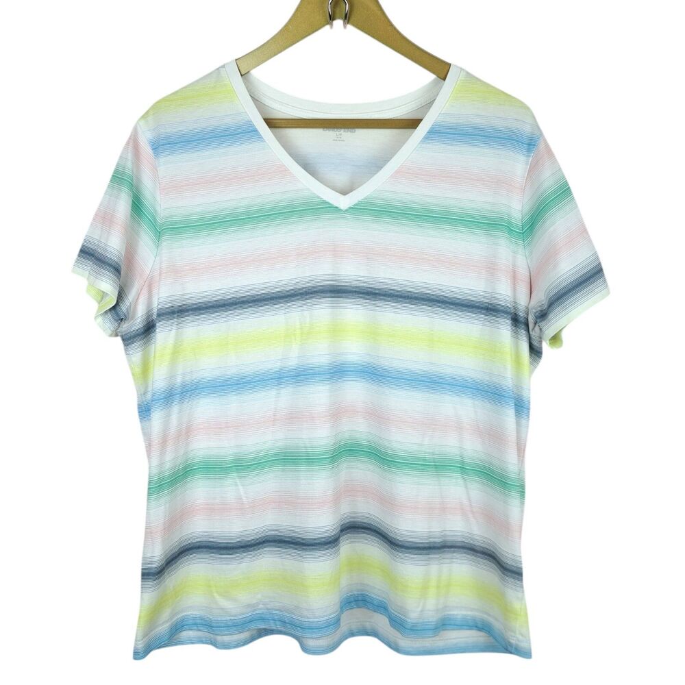 Lands’ End Pastel Striped Short Sleeve Cotton T Shirt Size L 100% Cotton